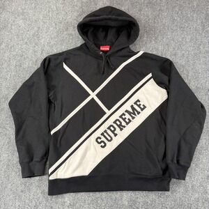 Supreme‎ Hoodie Mens XL Black Gray Diagonal Stripe Pullover Streetwear Spell Out